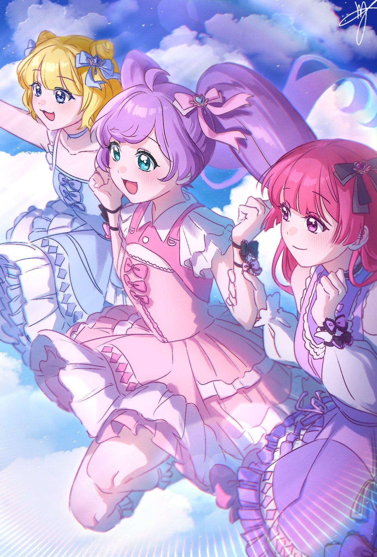 3girls, :d, arm_up, bare_shoulders, black_bow, blue_bow, blue_choker, blue_dress