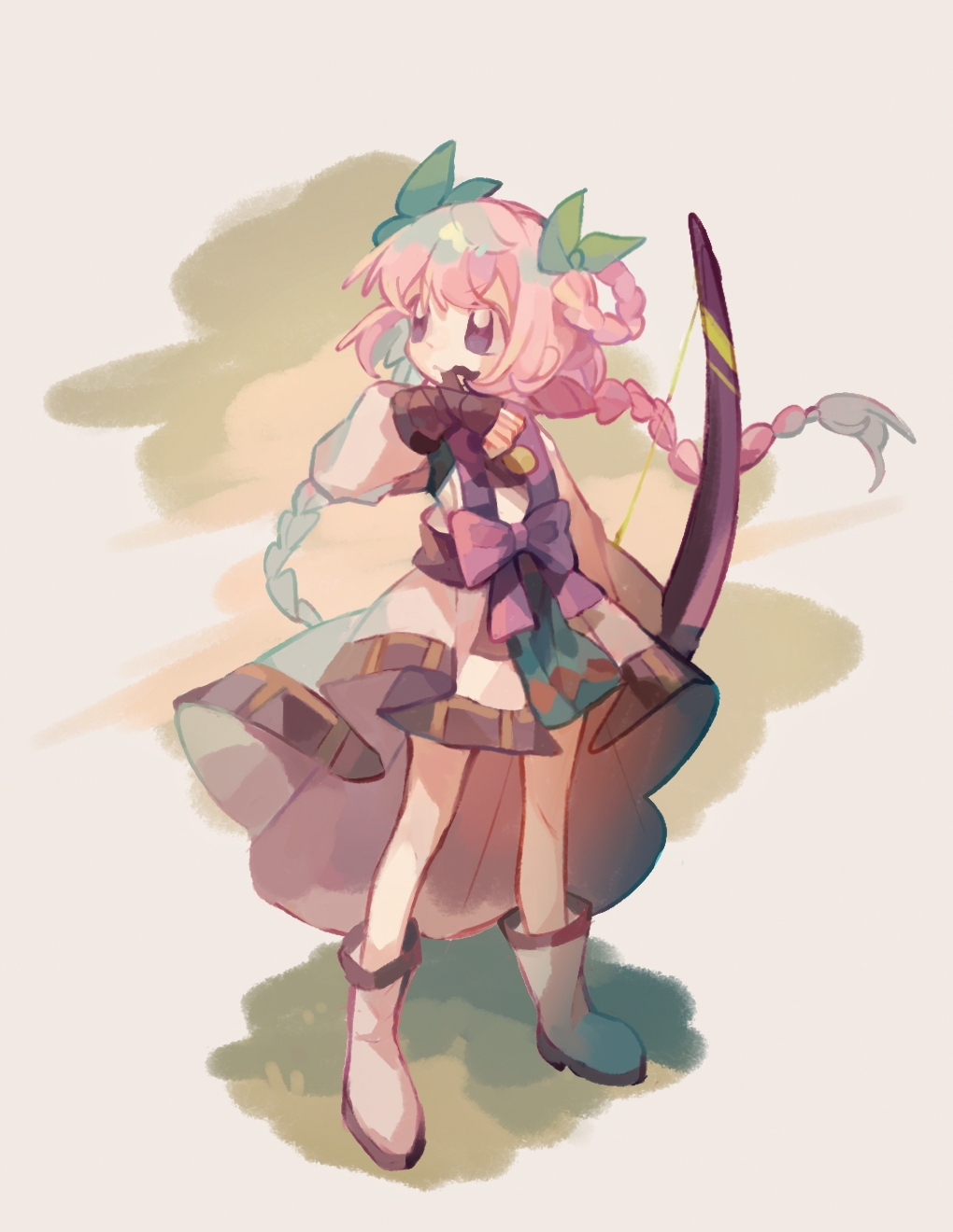 1girl, bandage_in_mouth, bandaged_hand, bandages, black_bandages, blue_eyes, boots, bow_(weapon), braid, braided_hair_rings, determined, djmax, djmax_respect, dress, full_body, hair_ribbon, hair_rings, highres, holding, holding_bow_(weapon), holding_weapon, long_hair, long_sleeves, looking_to_the_side, pink_hair, purple_ribbon, ribbon, simple_background, solo, standing, tunic, twin_braids, twintails, user_hguh3744, very_long_hair, waist_ribbon, weapon, wind, wind_lift