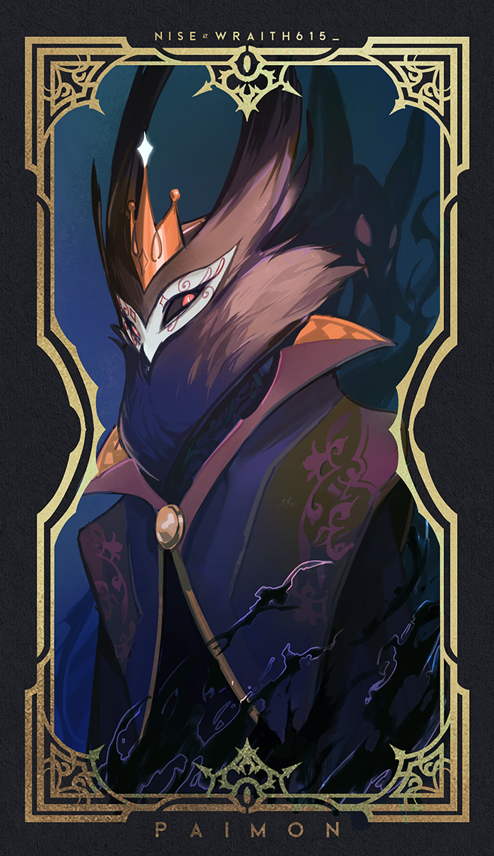 1boy, black_sclera, brown_feathers, character_name, colored_sclera, demon_boy, facial_mark, feathers