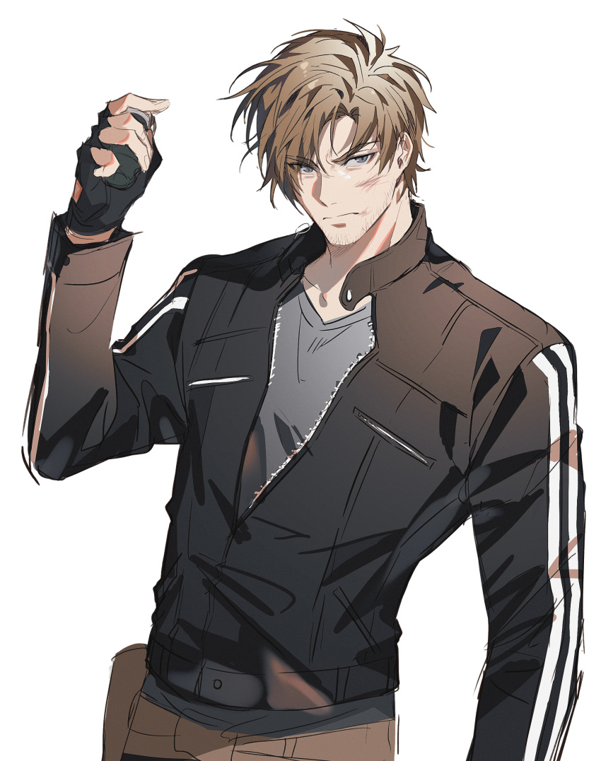 1boy, absurdres, arm_up, beard_stubble, black_gloves, black_jacket, blonde_hair, blue_eyes, brown_pants, bruise, bruise_on_face, closed_mouth, collared_jacket, commentary, cowboy_shot, english_commentary, facial_hair, fingerless_gloves, frown, gloves, grey_shirt, highres, injury, jacket, jujeop, leon_s._kennedy, looking_at_viewer, male_focus, open_collar, pants, resident_evil, resident_evil:_vendetta, shirt, solo, striped_clothes, striped_jacket, stubble, undershirt, unfinished, unzipped, vertical-striped_clothes, vertical-striped_jacket, zipper