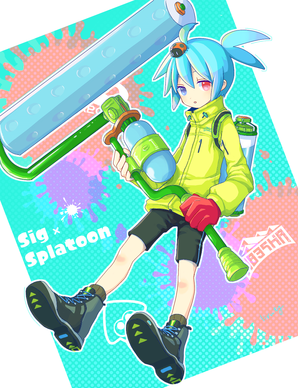 1boy, :o, ahoge, animal_on_head, antenna_hair, aqua_background, bike_shorts, black_footwear, black_shorts, blue_eyes, blue_hair, border, bug, character_name, coat, copyright_name, cross-laced_footwear, full_body, green_coat, heterochromia, highres, holding, holding_weapon, ink_tank_(splatoon), ladybug, liruty, long_sleeves, lopsided_border, male_focus, multicolored_background, on_head, outline, outside_border, parted_lips, puyopuyo, red_eyes, shorts, sig_(puyopuyo), solo, splat_roller_(splatoon), splatoon_(series), splatoon_1, splatter, two-handed, weapon, white_border, white_outline