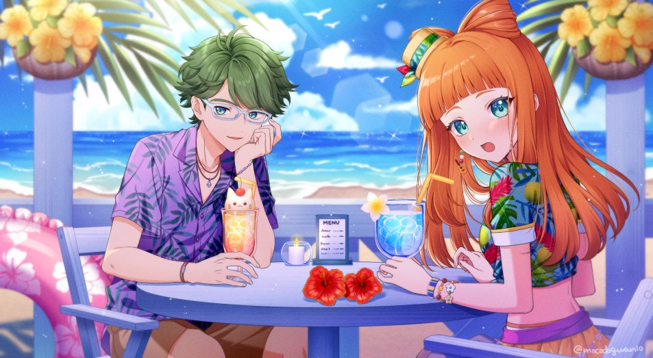 1boy, 1girl, aikatsu!_(series), aikatsu_stars!, beach, bird, blue_shirt, blue_sky