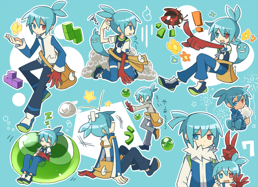 1boy, antenna_hair, asymmetrical_arms, blue_background, blue_eyes, blue_hair, bonk, bug