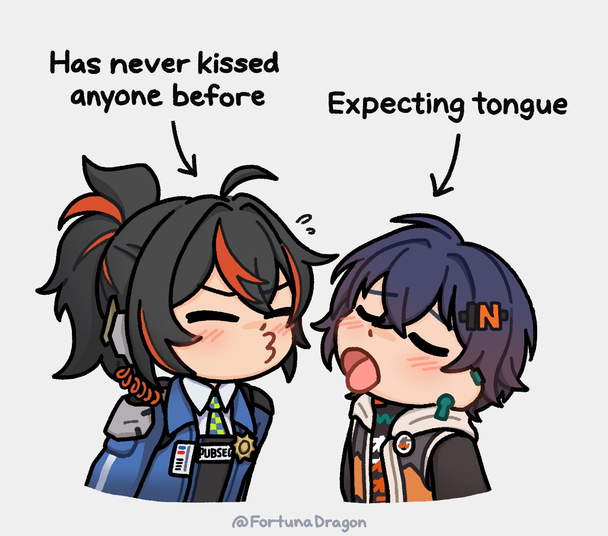 2girls, ahoge, arrow_(symbol), artist_name, belle_(zenless_zone_zero), black_hair, black_jacket, black_shirt, blue_jacket, blue_necktie, blush, checkered_necktie, closed_eyes, closed_mouth, collared_shirt, commentary, cropped_torso, earpiece, english_commentary, english_text, facing_another, fortunadragon, gradient_hair, green_necktie, hair_between_eyes, hair_ornament, hasn't_kissed_anyone_ever_vs_expecting_a_kiss_with_tongue_(meme), imminent_kiss, jacket, long_hair, meme, multicolored_hair, multicolored_necktie, multiple_girls, necktie, open_clothes, open_jacket, open_mouth, orange_hair, police, police_badge, police_uniform, policewoman, ponytail, puckered_lips, purple_hair, shirt, simple_background, streaked_hair, tongue, tongue_out, two-tone_hair, uniform, white_background, white_shirt, yuri, zenless_zone_zero, zhu_yuan