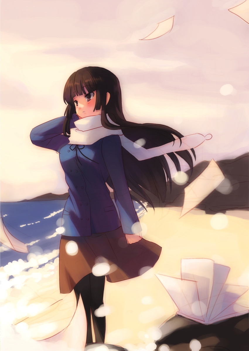 adjusting_hair, akiyama_mio, bad_id, bangs, beach, black_eyes, black_hair, blunt_bangs, book, coat, ecil, flying_paper, hakoniwa_shoujo, highres, hime_cut, k-on!, li_(liras), long_hair, ocean, pantyhose, paper, scarf, skirt, solo