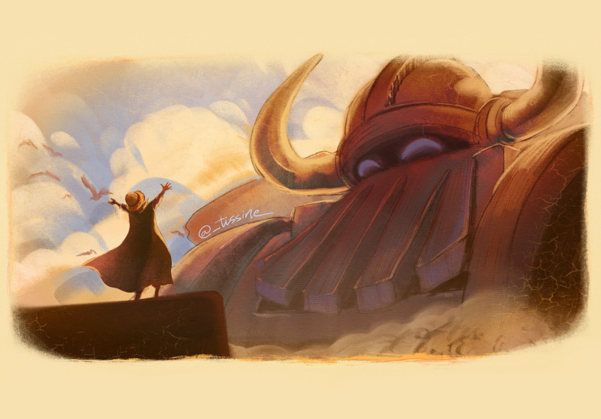 2boys, arms_up, bird, blue_sky, border, cloak, clouds, coat