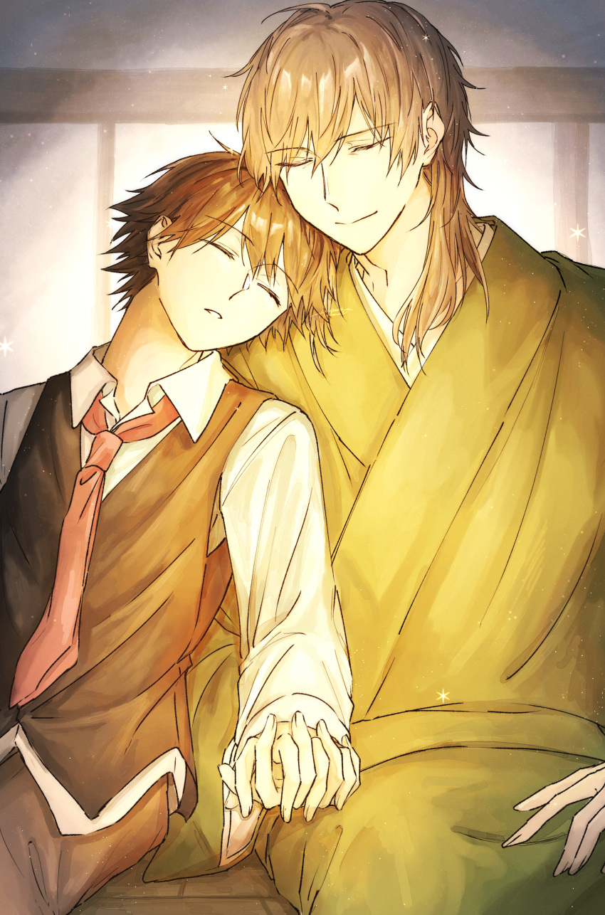 2boys, absurdres, black_hair, black_vest, brown_pants, bungou_stray_dogs, closed_eyes, closed_mouth, collared_shirt, commentary_request, edogawa_ranpo_(bungou_stray_dogs), fukuzawa_yukichi_(bungou_stray_dogs), green_kimono, grey_hair, highres, holding_hands, interlocked_fingers, japanese_clothes, kimono, leaning_on_person, light_smile, long_sleeves, male_focus, medium_hair, multiple_boys, necktie, pants, parted_lips, sakuranran1004, shirt, short_hair, sitting, sleeping, sleeping_on_person, sleeping_upright, vest, white_shirt