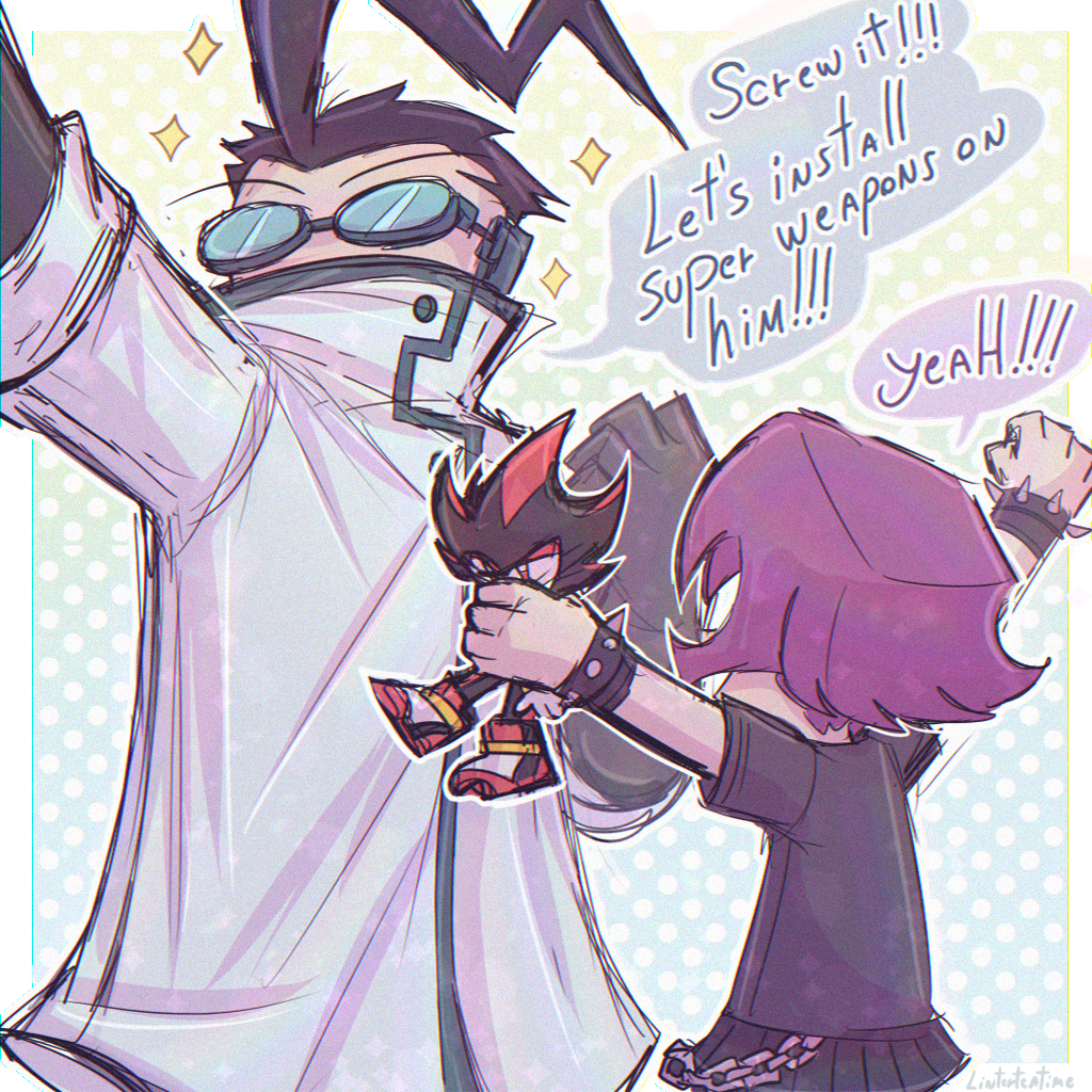 1girl, 2boys, black_shirt, collar, crossover, english_text, gazlene_membrane, goggles