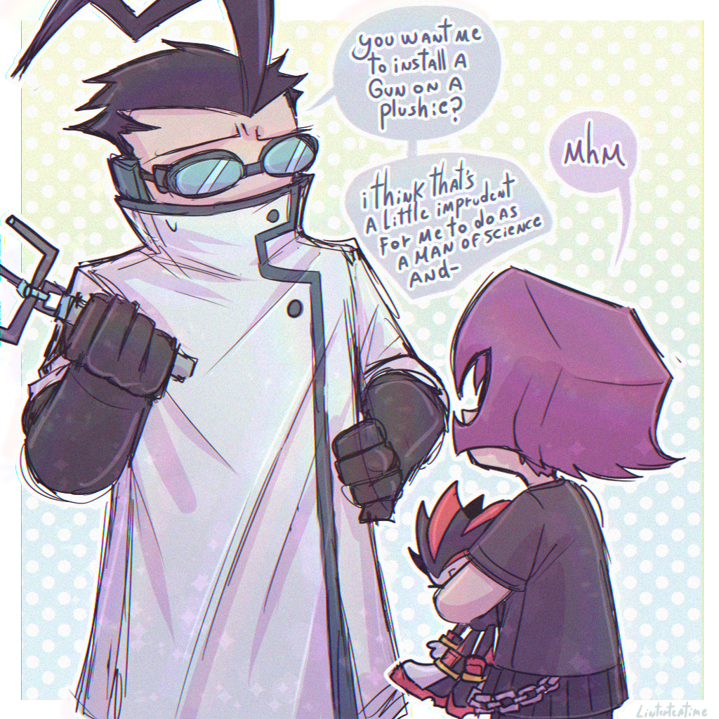 1girl, 2boys, black_skirt, covered_mouth, crossover, english_text, gazlene_membrane, goggles