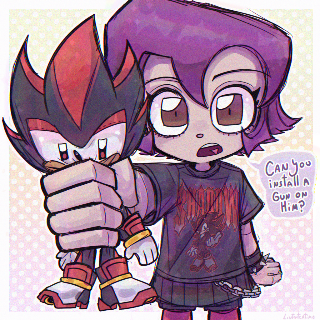 1boy, 1girl, black_shirt, black_skirt, bracelet, brown_eyes, character_name, crossover