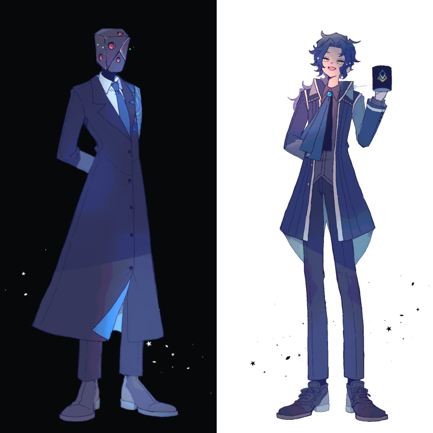 2boys, ascot, black_background, black_footwear, black_pants, blue_ascot, blue_hair, chesed_(project_moon)