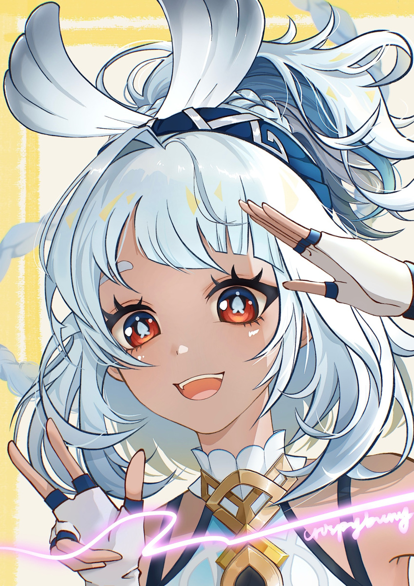 1girl, :d, braid, crispybunny, dark-skinned_female, dark_skin, fingerless_gloves, fish-shaped_pupils