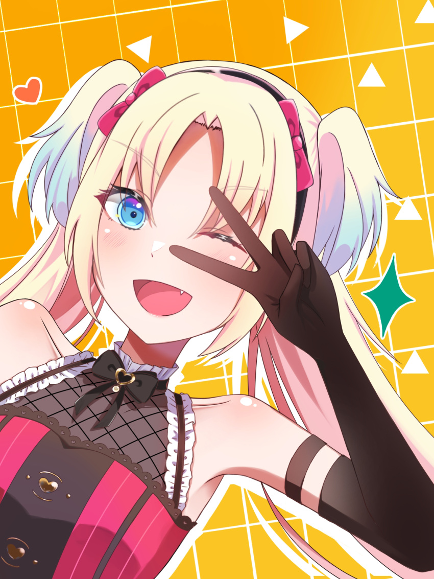 1girl, ;d, black_bow, blonde_hair, blue_eyes, blue_hair, bow, commentary_request