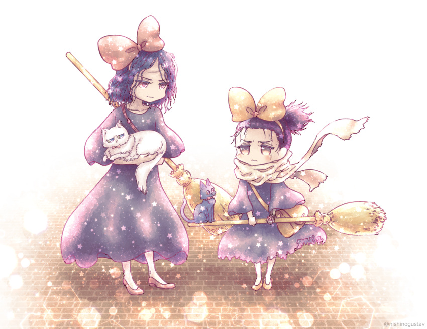 1boy, animal, black_cat, black_hair, bow, brick, cat, character_request, cosplay, hair_bow, holding, holding_animal, holding_cat, kiki_(majo_no_takkyuubin), kiki_(majo_no_takkyuubin)_(cosplay), majo_no_takkyuubin, medium_hair, nishinogustav, outdoors, red_bow, scarf, sekiro, sekiro:_shadows_die_twice, standing, violet_eyes, white_cat, white_scarf, yellow_bow