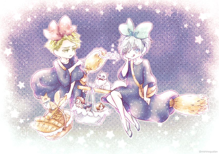 1girl, 4boys, bag, basket, black_robe, blonde_hair, bow, bread, broom, broom_riding, cat, chibi, cosplay, food, fox, fushiguro_megumi, gojou_satoru, green_bow, handbag, itadori_yuuji, jujutsu_kaisen, kiki_(majo_no_takkyuubin), kiki_(majo_no_takkyuubin)_(cosplay), kugisaki_nobara, majo_no_takkyuubin, multiple_boys, nanami_kento, nishinogustav, one_eye_closed, red_bow, robe, shoes, tongue, tongue_out