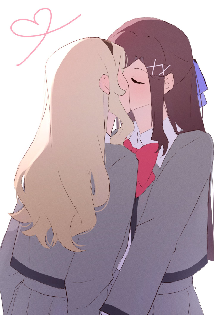 2girls, black_hairband, blonde_hair, blush, bow, bowtie, brown_hair, closed_eyes