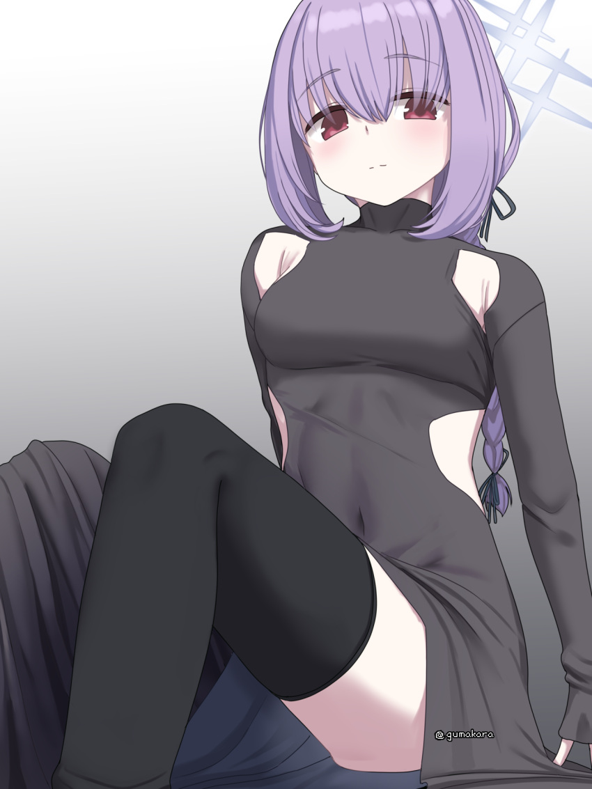 1girl, atsuko_(blue_archive), black_dress, blue_archive, blush, braid, breasts, covered_navel, dress, expressionless, from_below, gumakara, hair_between_eyes, halo, highres, long_hair, looking_at_viewer, looking_down, medium_breasts, purple_hair, red_eyes, solo, thigh-highs