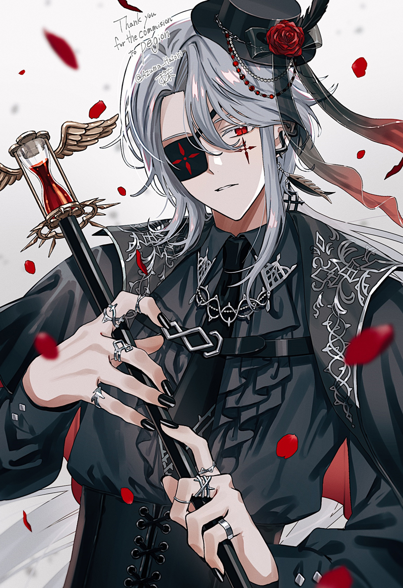 1boy, asymmetrical_sidelocks, azuma_hatori, black_bow, black_cape, black_corset, black_hat, black_nails
