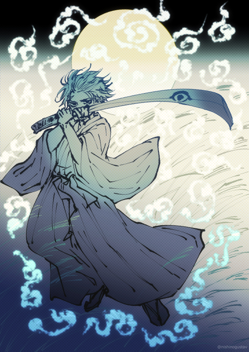 1boy, artist_name, doron_dororon, hakama, highres, holding, holding_sword, holding_weapon