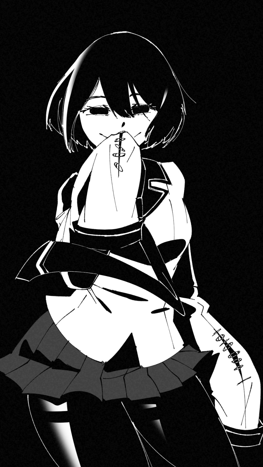 1other, black_background, breasts, closed_mouth, empty_eyes, english_commentary, greyscale, hair_between_eyes, highres, large_breasts, looking_at_viewer, monochrome, monogatari_(series), necktie, oshino_ougi, other_focus, pleated_skirt, ruw_ruler, short_hair, simple_background, skirt, sleeves_past_fingers, sleeves_past_wrists, smile, solo, straight-on, thigh-highs, uniform