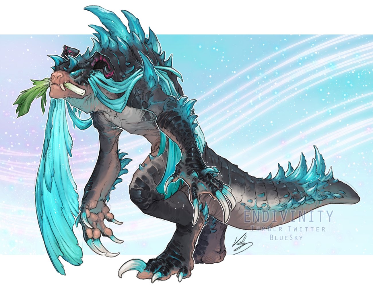 blue_background, blue_hair, deathclaw, endivinity, english_commentary, fallout_(series), full_body, glowing, glowing_eyes, hatsune_miku, long_hair, monster, mouth_hold, no_humans, spring_onion, vocaloid
