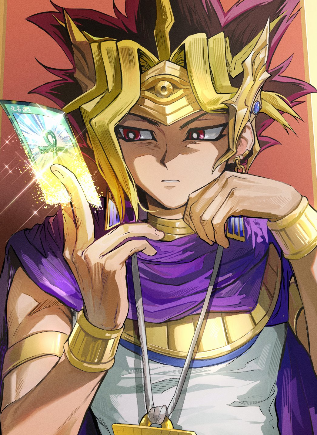 1boy, atem, black_hair, blonde_hair, cape, dark-skinned_male, dark_skin, earrings