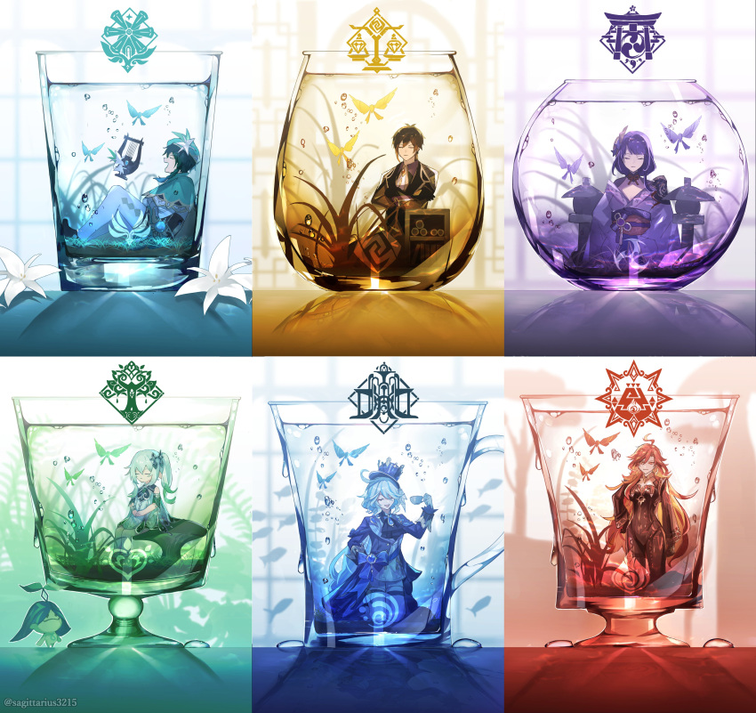 2boys, 4girls, absurdres, anemo_symbol_(genshin_impact), aranara_(genshin_impact), dendro_symbol_(genshin_impact), electro_symbol_(genshin_impact), furina_(genshin_impact)