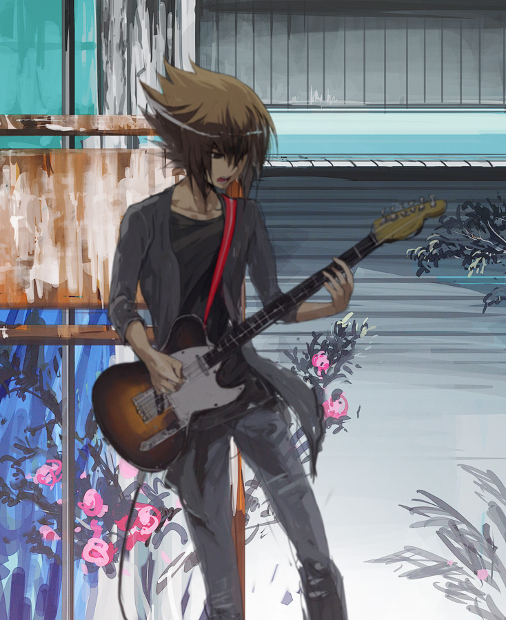 1boy, black_shirt, branch, brown_eyes, brown_hair, building, cable, electric_guitar