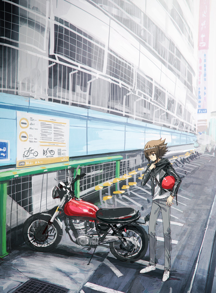 1boy, bag, balcony, black_scarf, brown_eyes, brown_hair, building, duffel_bag
