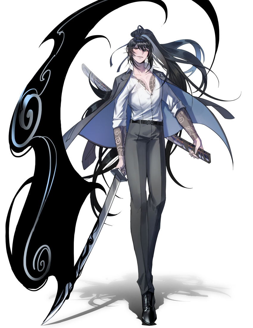 1boy, absurdres, arm_tattoo, aura, belt, black_belt, black_eyes, black_footwear, black_hair, black_jacket, black_pants, blue_eyes, chest_tattoo, cloud_tattoo, collared_shirt, dark_aura, fishfall, full_body, hair_between_eyes, heterochromia, high_ponytail, highres, holding, holding_sheath, holding_sword, holding_weapon, hong_lu_(project_moon), jacket, jacket_on_shoulders, korean_commentary, kurokumo_clan_(identity)_(project_moon), limbus_company, long_hair, looking_at_viewer, male_focus, ootachi, pants, parted_lips, partially_unbuttoned, project_moon, shadow, sheath, shirt, shoes, sidelocks, simple_background, sleeves_rolled_up, smile, solo, standing, sword, tattoo, teeth, upper_teeth_only, very_long_hair, weapon, white_background, white_shirt