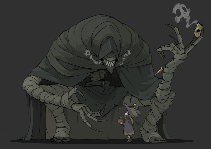 1girl, 1other, absurdres, amulet, bag, bandaged_arm, bandaged_chest, bandaged_fingers