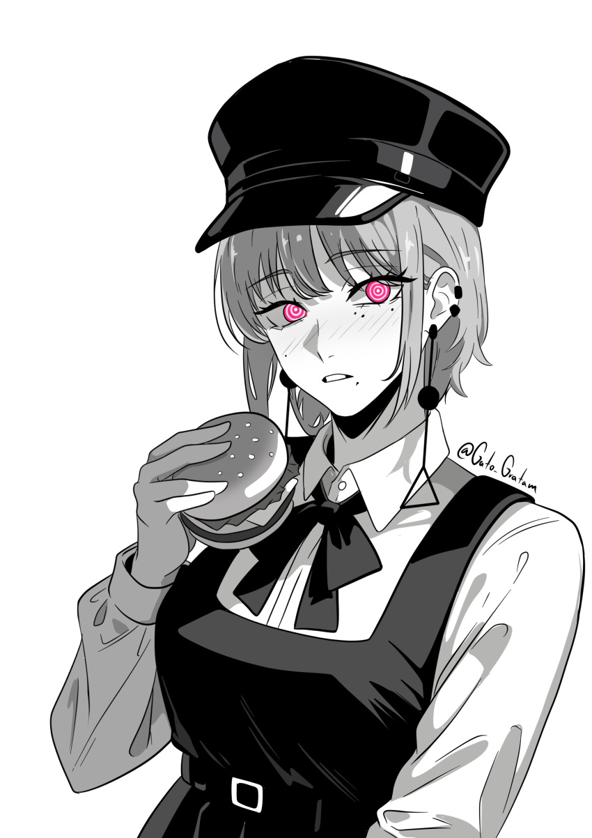 1girl, absurdres, bow, bowtie, breasts, burger, chainsaw_man, collared_shirt