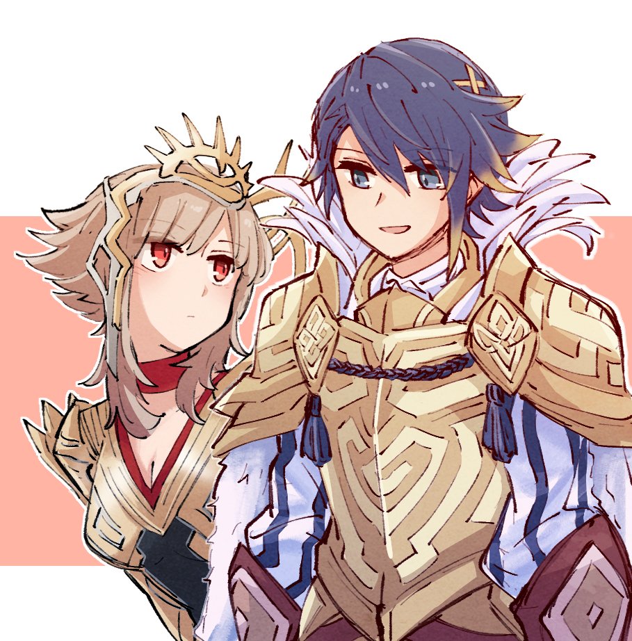1boy, 1girl, alfonse_(fire_emblem), alfonse_(heir_to_openness)_(fire_emblem), alonemistrist, armor, black_dress, blonde_hair
