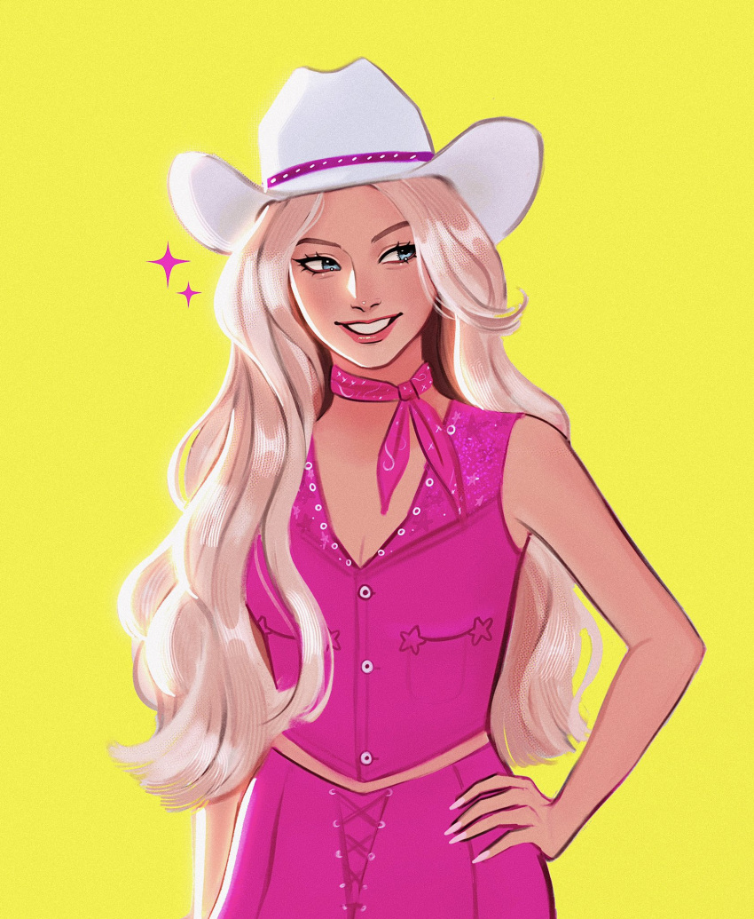 1girl, barbie_(character), barbie_(franchise), barbie_(live_action), blonde_hair, blue_eyes, cowboy_hat, cowboy_shot