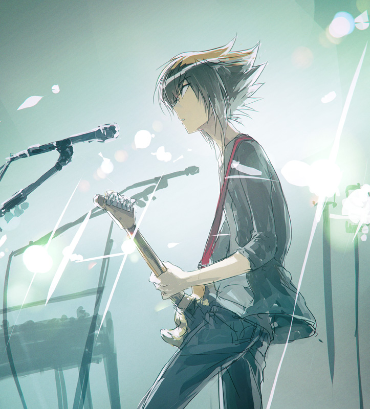 1boy, brown_eyes, brown_hair, cable, electric_guitar, facing_to_the_side, grey_pants, grey_shirt