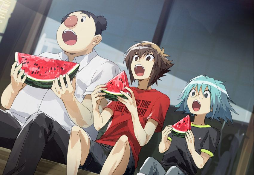 3boys, black_eyes, black_hair, black_pants, black_shirt, black_shorts, blue_eyes, blue_hair