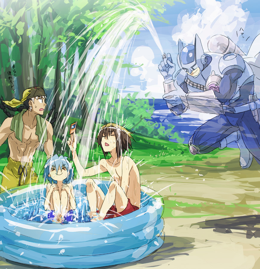 3boys, blue_hair, blue_sky, branch, brown_hair, card, closed_eyes, duel_monster