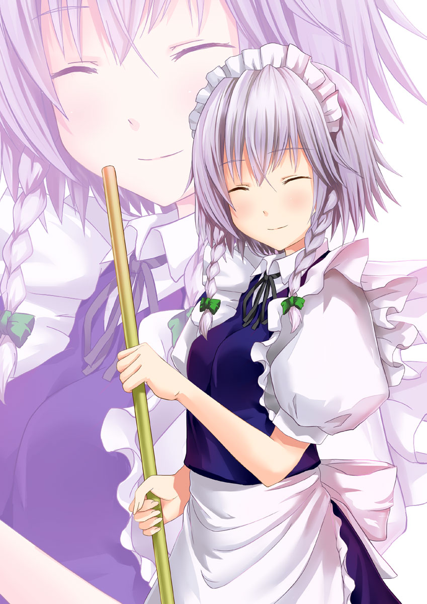 braid, broom, closed_eyes, eyes_closed, highres, izayoi_sakuya, ken_(fkenorat), ken_(pixiv)