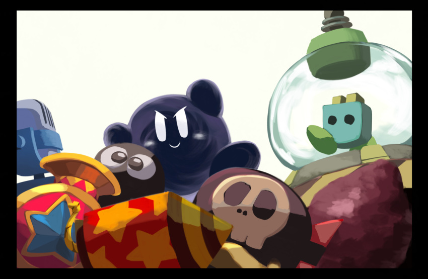 black_border, black_footwear, blush_stickers, bomber_(kirby), border, cannon, character_request, check_character