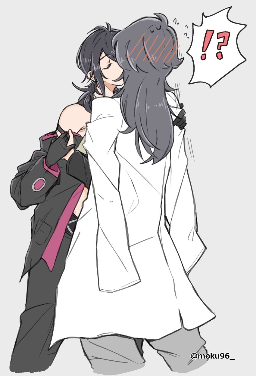 !?, 2girls, black_gloves, black_hair, black_jacket, black_pants, blush_visible_through_hair, chief_(path_to_nowhere), closed_eyes, coat, coat_on_shoulders, deren_(path_to_nowhere), earrings, female_chief_(path_to_nowhere), flying_sweatdrops, gloves, grey_background, grey_pants, heart, heart_earrings, highres, jacket, jewelry, kiss, long_hair, moku96, multiple_girls, off_shoulder, pants, path_to_nowhere, simple_background, spoken_interrobang, white_coat, yuri