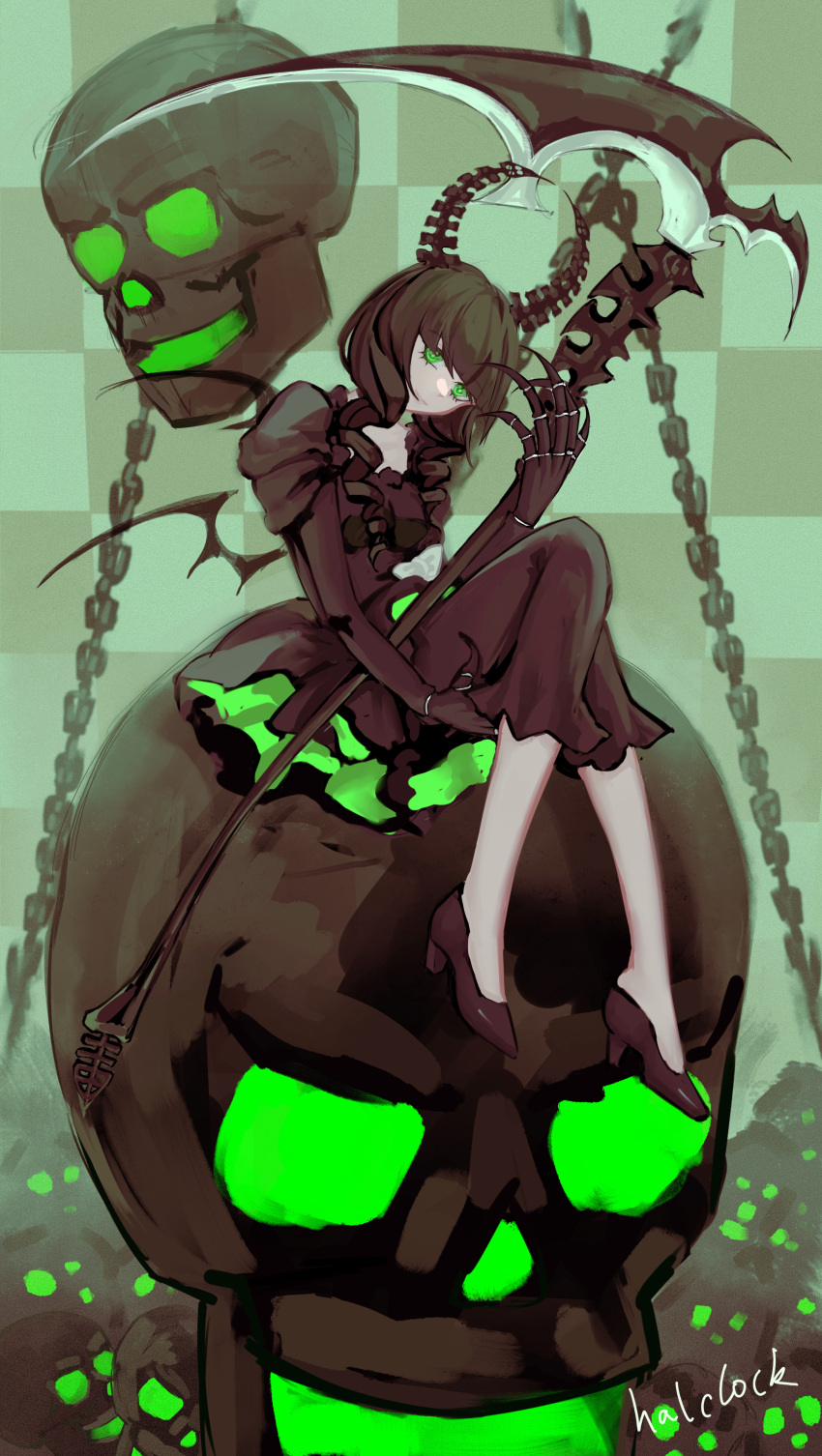 1girl, absurdres, black_dress, black_hair, black_horns, black_leggings, black_rock_shooter, chain