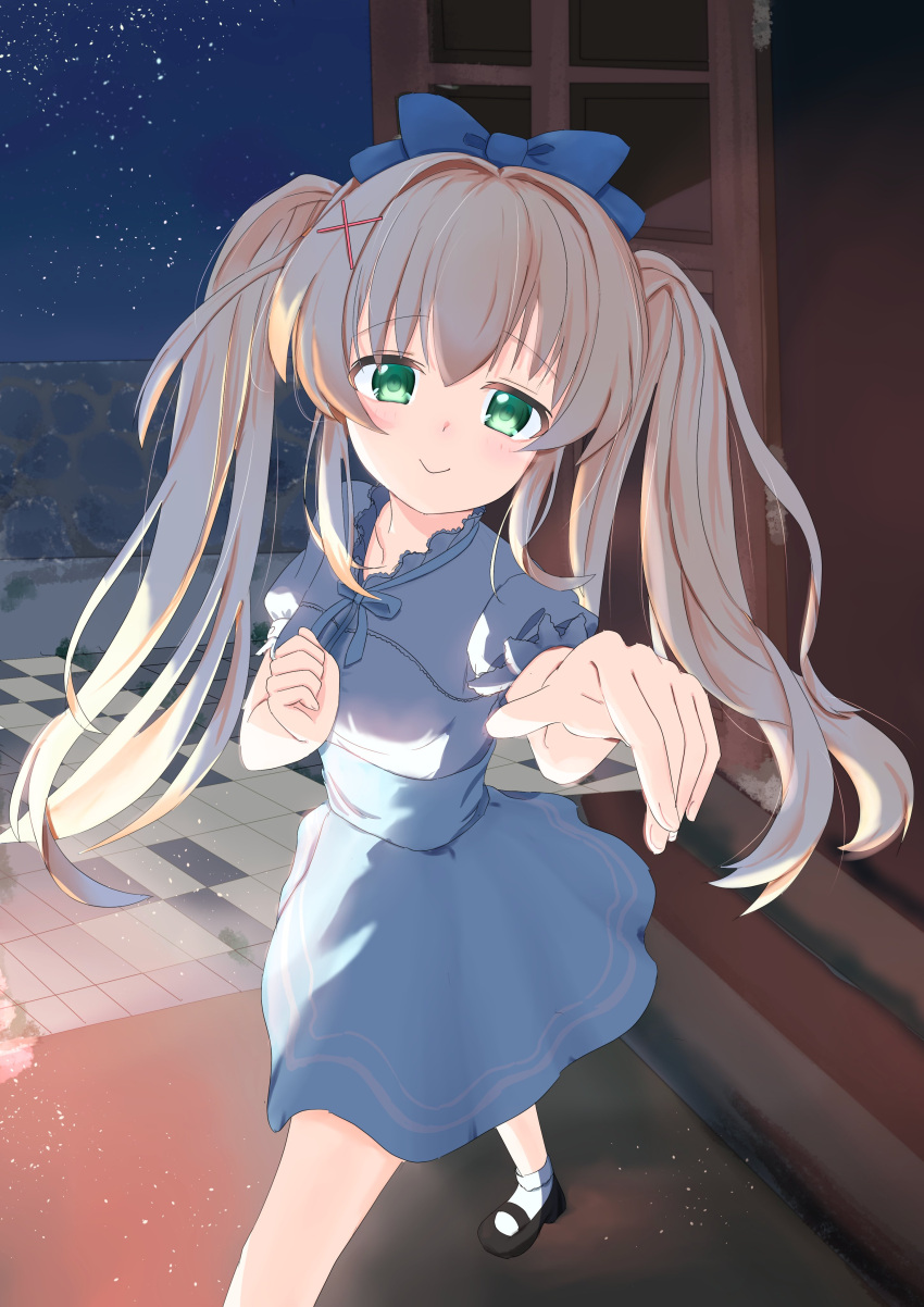 1girl, 2024, absurdres, black_footwear, blonde_hair, blue_bow, blue_ribbon, blue_skirt, blush, bow, c:, clenched_hand, closed_mouth, commentary, dated_commentary, floating_hair, foot_out_of_frame, foreshortening, frilled_shirt, frills, green_eyes, hair_between_eyes, hair_bow, hair_intakes, hair_ornament, hand_up, happy, hashtag-only_commentary, high-waist_skirt, highres, light_particles, long_hair, looking_at_viewer, mary_janes, miraikanai, neck_ribbon, night, night_sky, official_alternate_costume, outdoors, outstretched_arm, pov, puffy_short_sleeves, puffy_sleeves, reaching, reaching_towards_viewer, ribbon, ringed_eyes, shirt, shoes, short_sleeves, sidelocks, skirt, sky, smile, socks, solo, standing, star_(sky), starry_sky, summer_pockets, tsumugi_wenders, twintails, underlighting, white_shirt, white_socks, x_hair_ornament