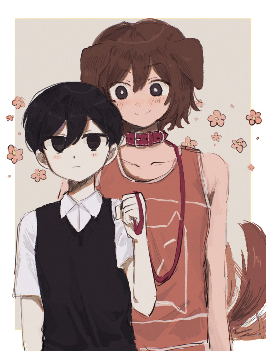 2boys, alternate_skin_color, animal_ears, anko_(user_uaaw2357), antenna_hair, arm_at_side, arms_at_sides, bare_arms