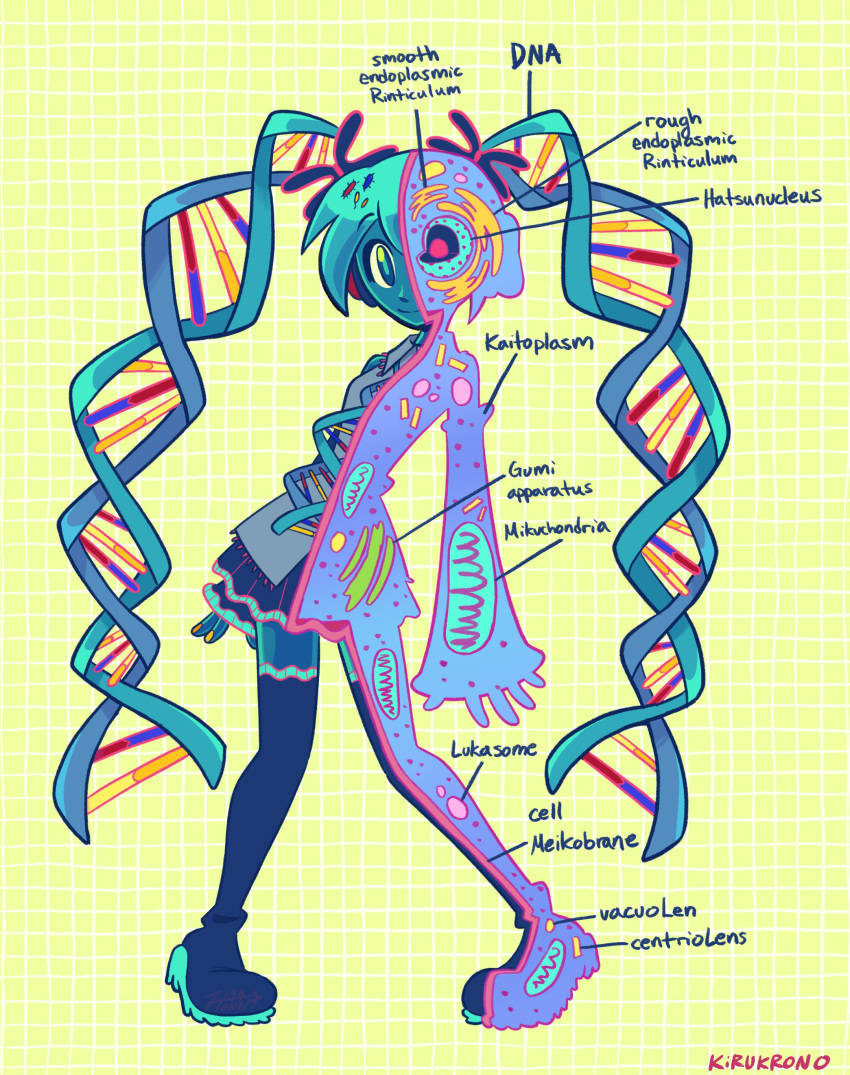 1girl, absurdres, aqua_hair, aqua_necktie, blue_eyes, blue_footwear, blue_skin, blue_skirt, boots, cell_(biology), cell_nucleus, chromosome, collared_shirt, colored_skin, dna, endoplasmic_reticulum, english_commentary, fingernails, full_body, golgi_apparatus, green_background, grey_shirt, grid_background, hatsune_miku, highres, kirukrono, leaning_back, long_hair, miniskirt, mitochondria, necktie, pigeon-toed, pleated_skirt, pun, science, shirt, signature, skirt, smile, solo, standing, thigh_boots, twintails, very_long_hair, vocaloid, x-ray, yellow_nails, zettai_ryouiki