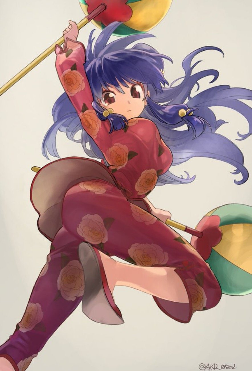 1girl, bell, blue_hair, closed_mouth, commentary_request, eyeshadow, floating_hair, floral_print
