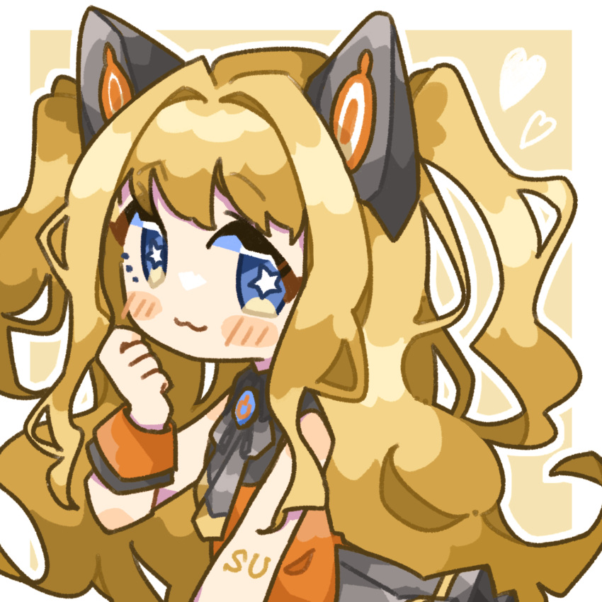 1girl, :3, animal_ears, blonde_hair, blue_eyes, blush, border, bright_pupils, cat_ears, closed_mouth, commentary, hand_up, heart, highres, long_hair, looking_at_viewer, lupin_strawberry, mechanical_ears, orange_shirt, outline, outside_border, seeu, shirt, solo, star-shaped_pupils, star_(symbol), symbol-shaped_pupils, two_side_up, upper_body, vocaloid, white_border, white_outline, white_pupils, wrist_cuffs