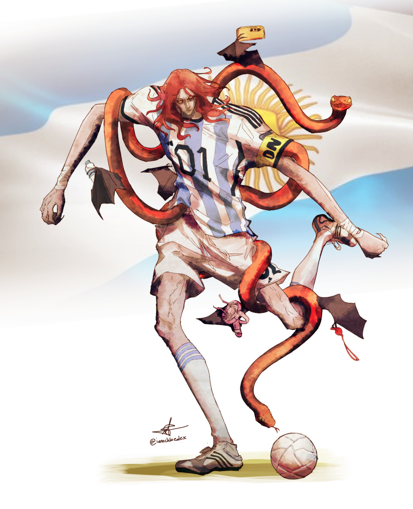 1boy, animal, argentina, argentinian_flag, argentinian_flag_print, artist_name, ball, bat_wings, cosplay, elden_ring, flag_print, forsaken-tax-6132, highres, lionel_messi, lionel_messi_(cosplay), long_arms, medium_hair, messmer_the_impaler, redhead, shirt, signature, snake, soccer_ball, soccer_uniform, solo, sportswear, wings, yellow_eyes