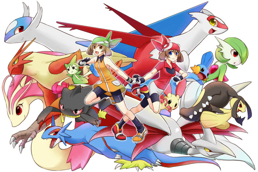2girls, bandana, bandanna, banette, bike_shorts, blaziken, blue_eyes, brown_eyes