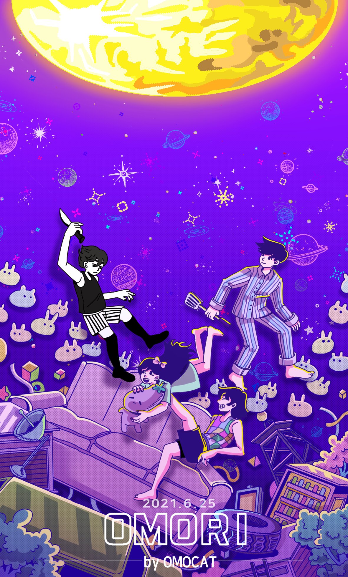 1girl, 3boys, arm_up, aubrey_(headspace)_(omori), aubrey_(omori), barefoot, black_eyes, black_hair