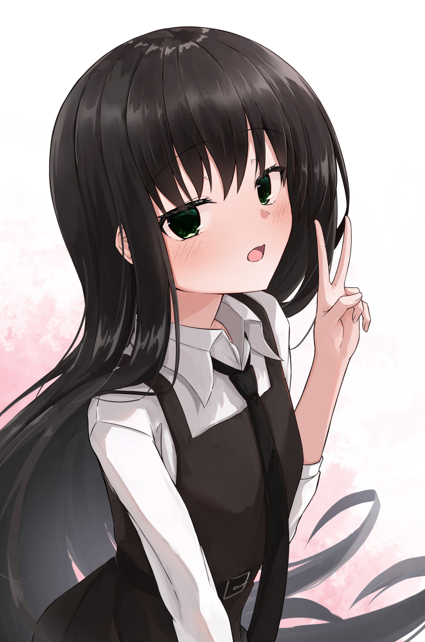 1girl, absurdres, belt, black_belt, black_dress, black_hair, black_necktie, blush, collared_shirt, commentary_request, dress, eyelashes, floating_hair, green_eyes, hair_between_eyes, hair_over_shoulder, hand_up, highres, long_hair, long_sleeves, looking_at_viewer, natsume_ai, necktie, open_mouth, pinafore_dress, sakura_no_toki, shirt, shy, simple_background, sleeveless, sleeveless_dress, solo, straight_hair, takoyaki032002, upper_body, v, very_long_hair, white_background, white_shirt